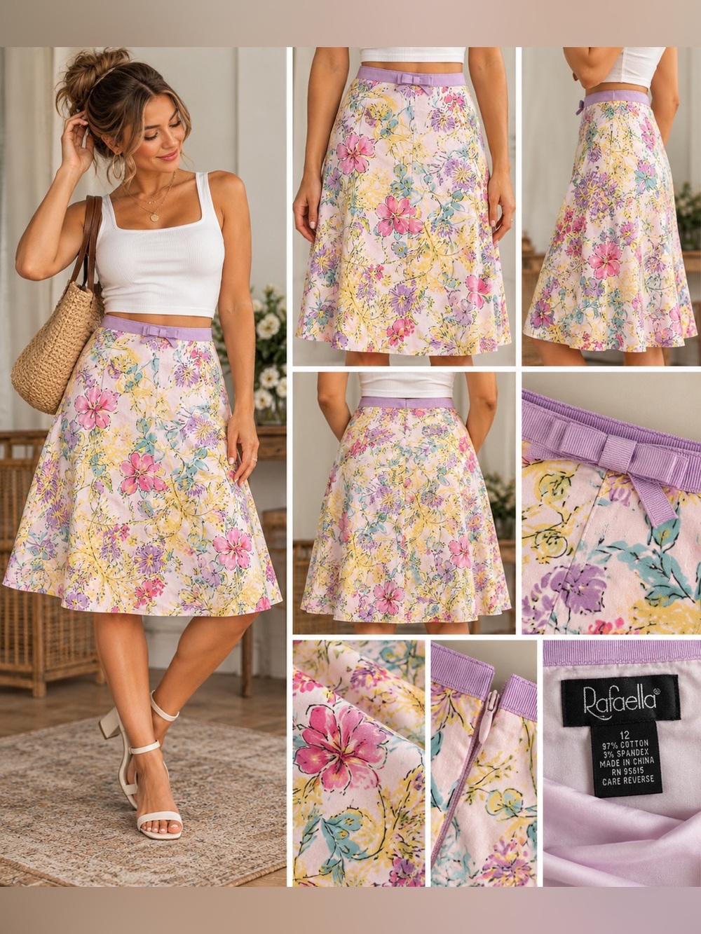 Rafaella Floral Cotton A-Line Midi Skirt Size 12 Lavender Bow